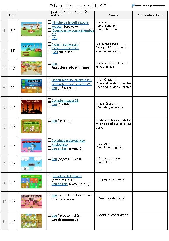 Temps Plan de travail CP jours 1 et 2 Activités Domaine q Histoire de