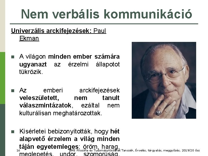 Nem verbális kommunikáció Univerzális arckifejezések: Paul Ekman n A világon minden ember számára ugyanazt