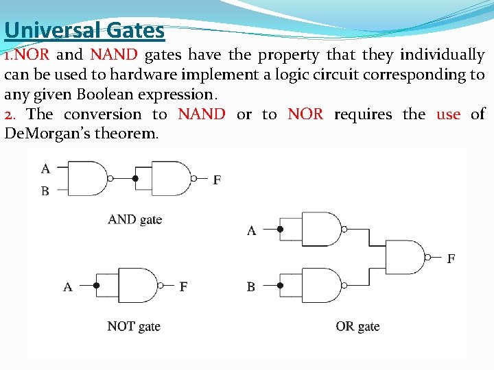 Universal Gates 1. NOR and NAND gates have the property that they individually can