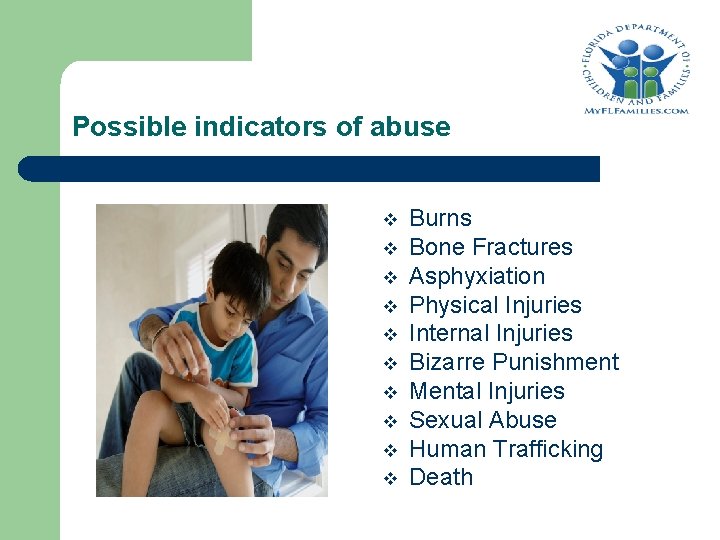 Possible indicators of abuse v v v v v Burns Bone Fractures Asphyxiation Physical