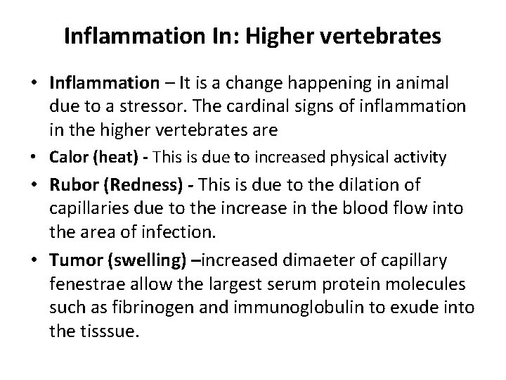 Inflammation In: Higher vertebrates • Inflammation – It is a change happening in animal
