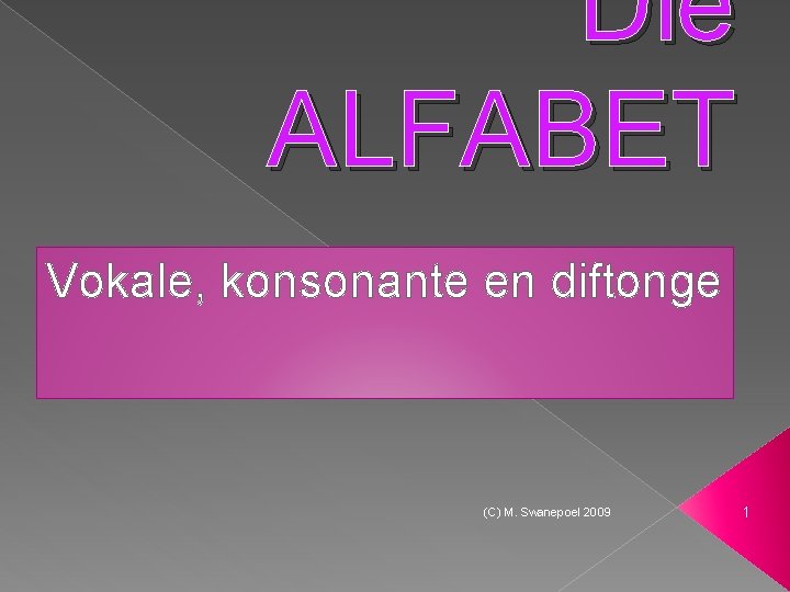 Die ALFABET Vokale, konsonante en diftonge (C) M. Swanepoel 2009 1 