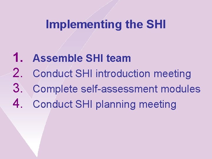 Implementing the SHI 1. 2. 3. 4. Assemble SHI team Conduct SHI introduction meeting