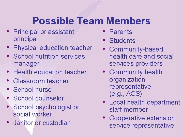 Possible Team Members • Principal or assistant • • principal Physical education teacher School