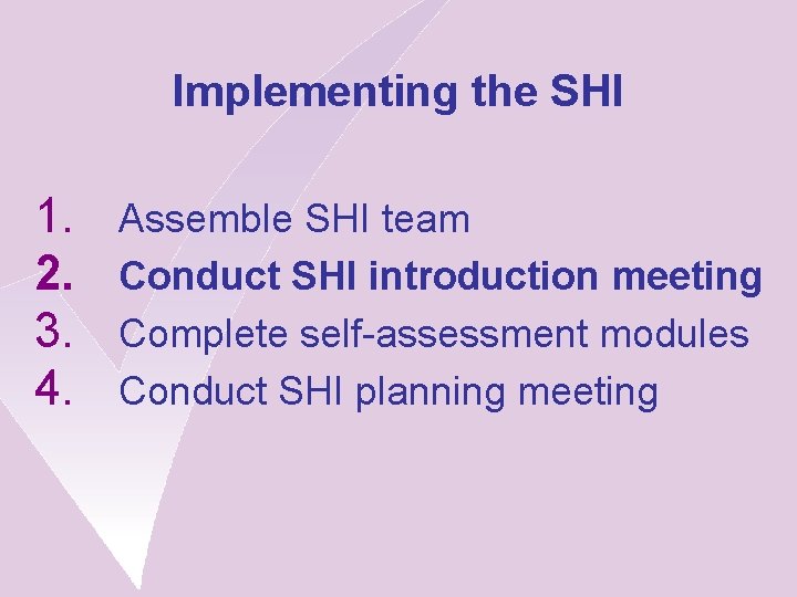 Implementing the SHI 1. 2. 3. 4. Assemble SHI team Conduct SHI introduction meeting