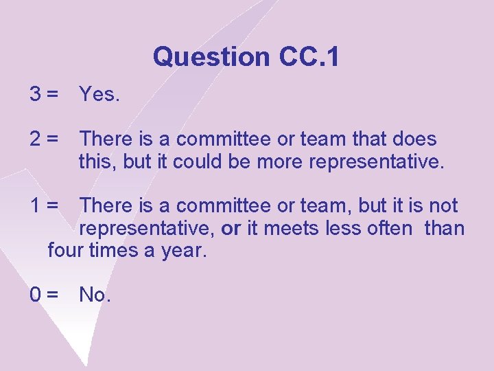 Question CC. 1 3 = Yes. 2 = There is a committee or team