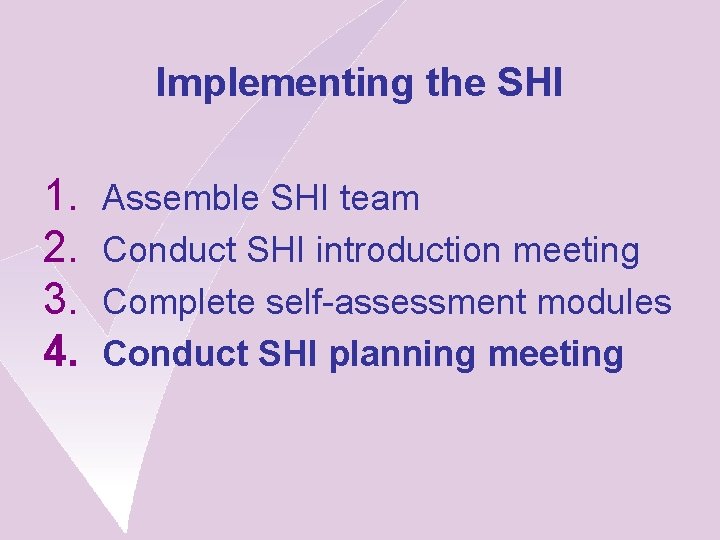 Implementing the SHI 1. 2. 3. 4. Assemble SHI team Conduct SHI introduction meeting