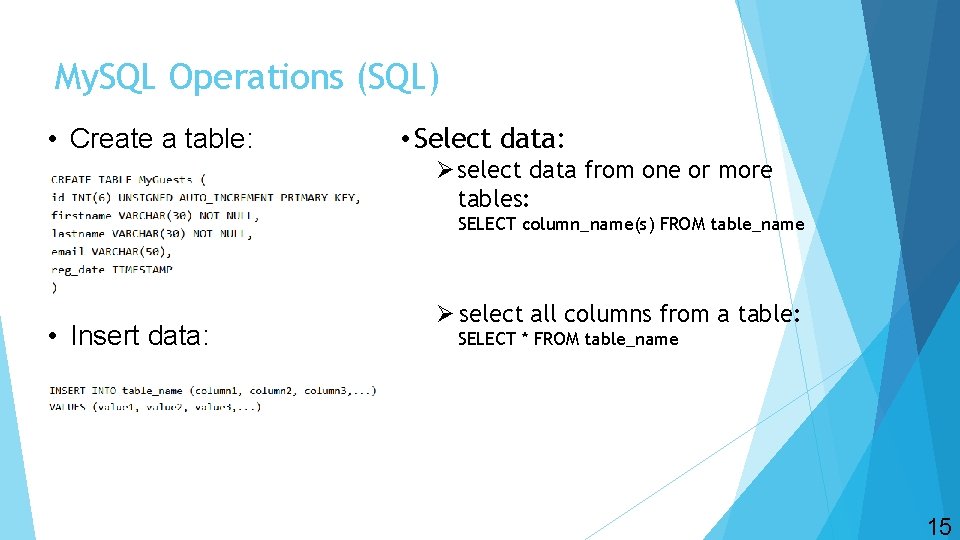 My. SQL Operations (SQL) • Create a table: • Select data: Ø select data