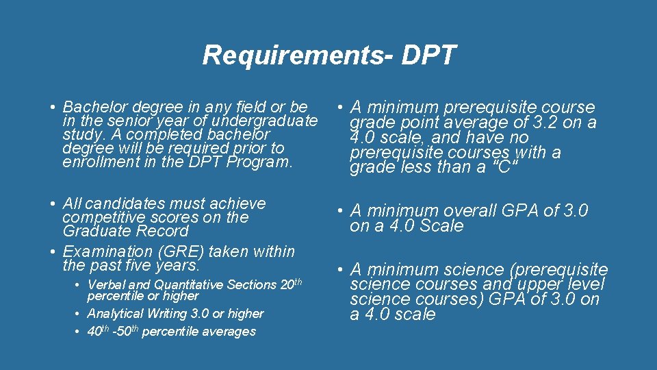 Requirements- DPT • Bachelor degree in any field or be • A minimum prerequisite