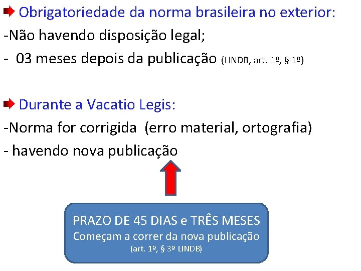 Obrigatoriedade da norma brasileira no exterior: -Não havendo disposição legal; - 03 meses depois