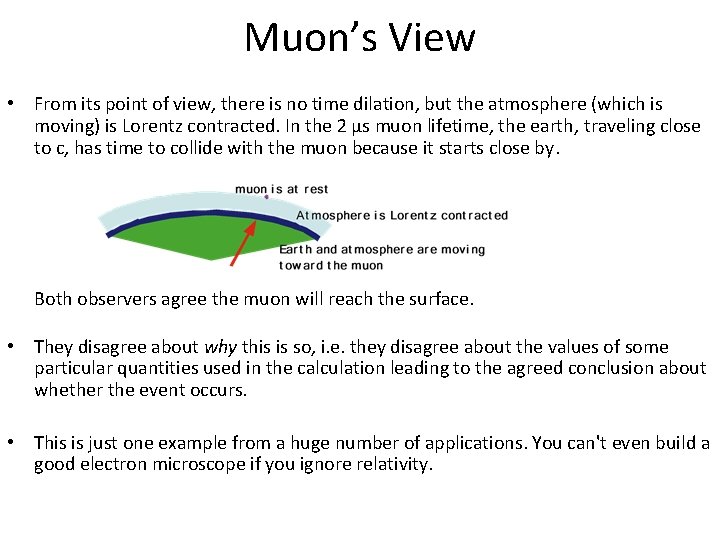 Muon’s View • From its point of view, there is no time dilation, but