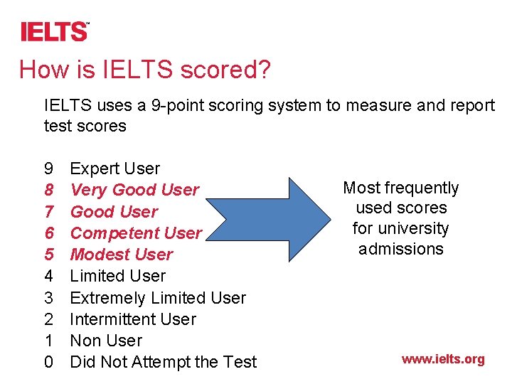 How is IELTS scored? IELTS uses a 9 -point scoring system to measure and