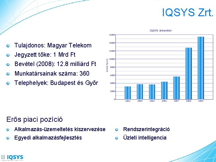 IQSYS Zrt. Tulajdonos: Magyar Telekom Jegyzett tőke: 1 Mrd Ft Bevétel (2008): 12. 8