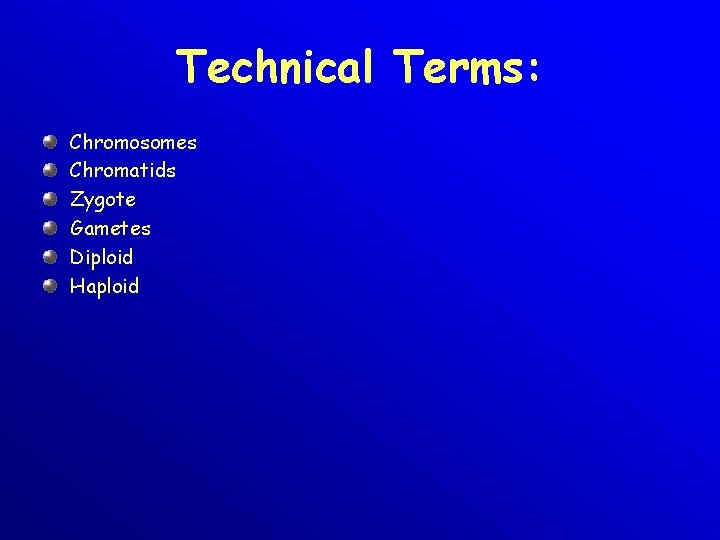 Technical Terms: Chromosomes Chromatids Zygote Gametes Diploid Haploid 