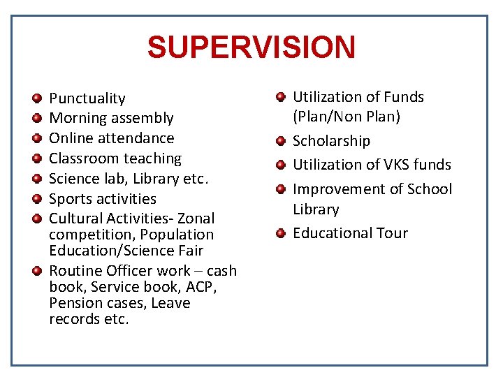 SUPERVISION Punctuality Morning assembly Online attendance Classroom teaching Science lab, Library etc. Sports activities