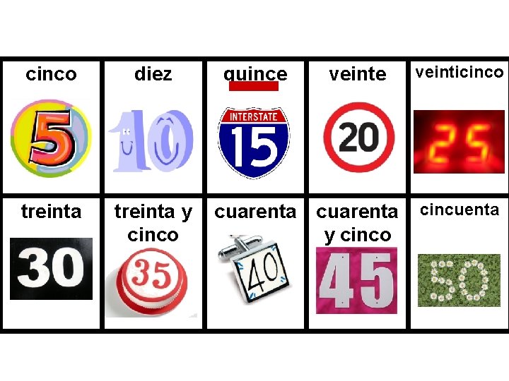 cinco diez treinta y cinco quince veinte cuarenta y cinco veinticinco cincuenta 