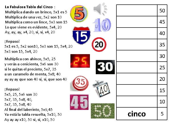 La Fabulosa Tabla del Cinco : Multiplica dando un brinco, 5 x 1 es