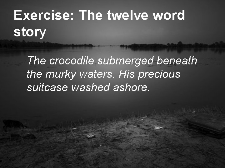 Exercise: The twelve word story The crocodile submerged beneath the murky waters. His precious