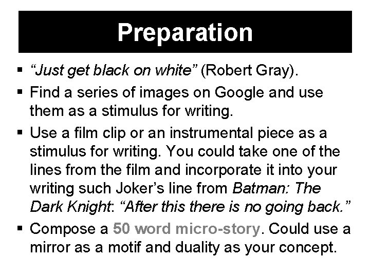 Preparation “Just get black on white” (Robert Gray). Find a series of images on