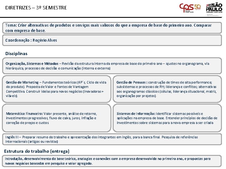 DIRETRIZES – 3º SEMESTRE Tema: Criar alternativas de produtos e serviços mais valiosos do