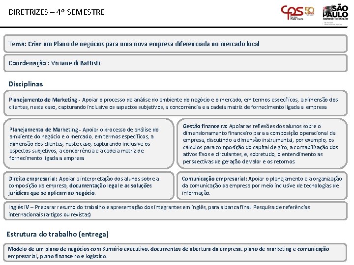 DIRETRIZES – 4º SEMESTRE Tema: Criar um Plano de negócios para uma nova empresa