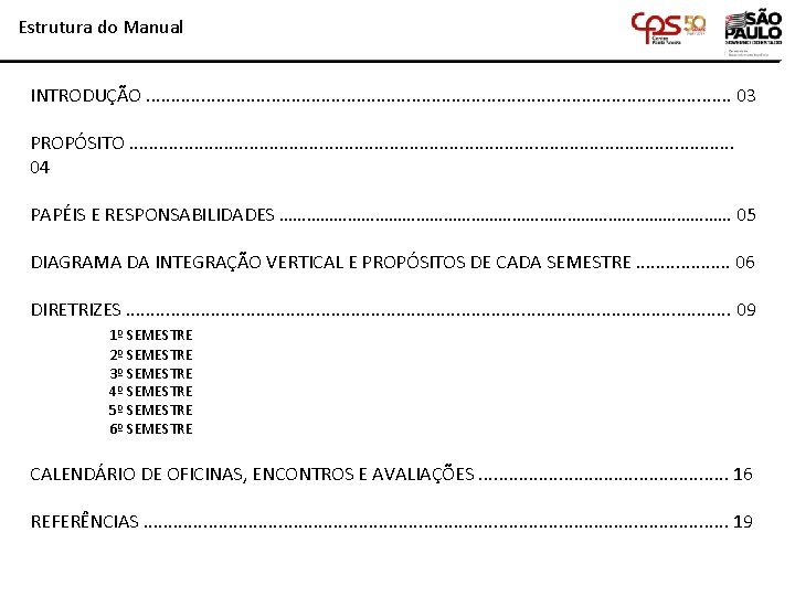 Estrutura do Manual INTRODUÇÃO. . . . . . . . 03 PROPÓSITO. .