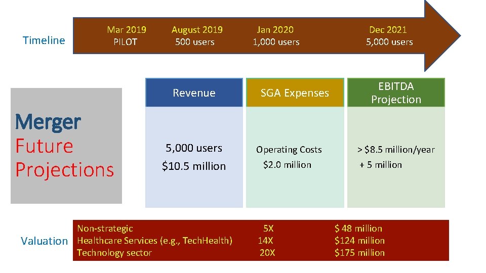 Timeline Mar 2019 PILOT August 2019 500 users Revenue Merger Future Projections Valuation 5,