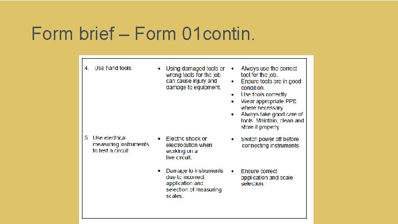 Form brief – Form 01 contin. Form brief – Form 01 contin.