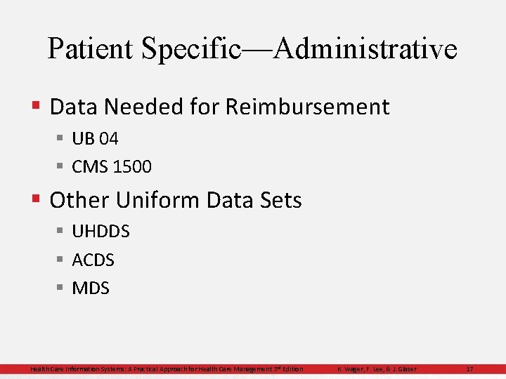 Patient Specific—Administrative § Data Needed for Reimbursement § UB 04 § CMS 1500 §
