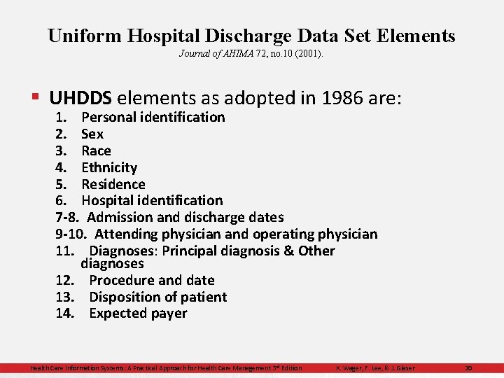 Uniform Hospital Discharge Data Set Elements Journal of AHIMA 72, no. 10 (2001). §