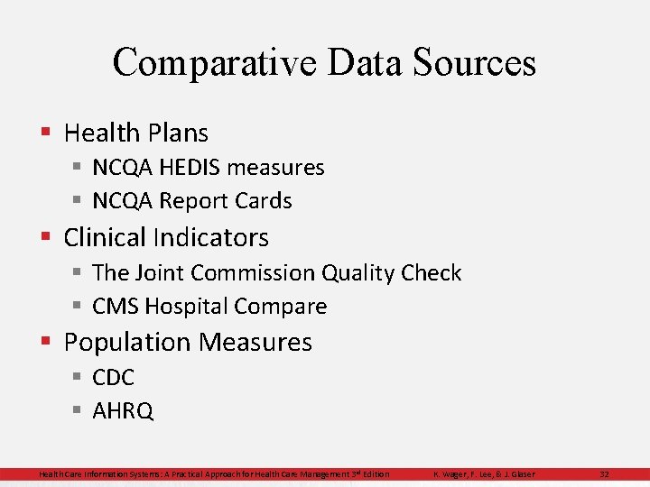 Comparative Data Sources § Health Plans § NCQA HEDIS measures § NCQA Report Cards