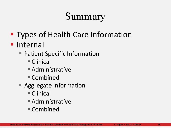 Summary § Types of Health Care Information § Internal § Patient Specific Information §