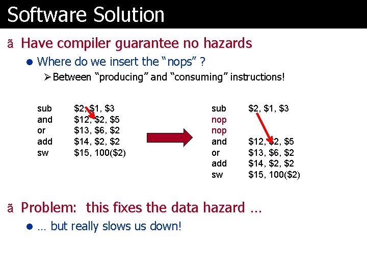 Software Solution ã Have compiler guarantee no hazards l Where do we insert the
