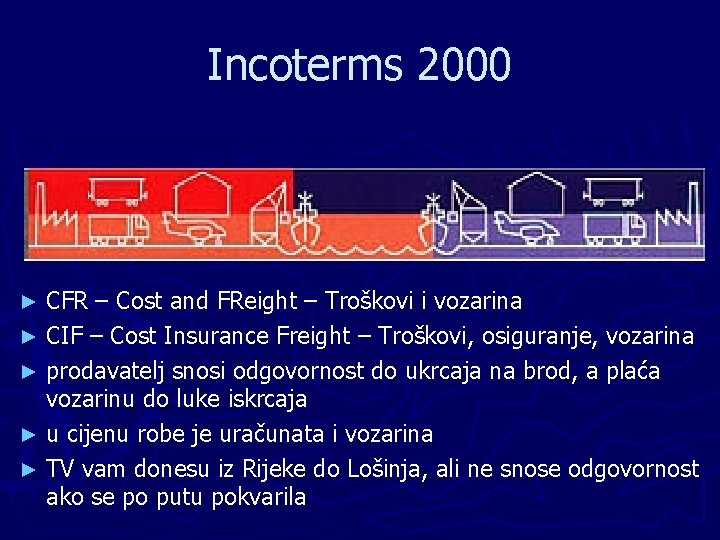 Incoterms 2000 CFR – Cost and FReight – Troškovi i vozarina ► CIF –
