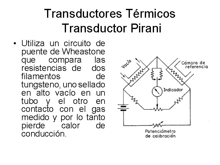 Transductores Térmicos Transductor Pirani • Utiliza un circuito de puente de Wheastone que compara Transductores Térmicos Transductor Pirani • Utiliza un circuito de puente de Wheastone que compara