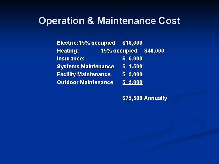 Operation & Maintenance Cost Electric: 15% occupied $18, 000 Heating: 15% occupied $40, 000