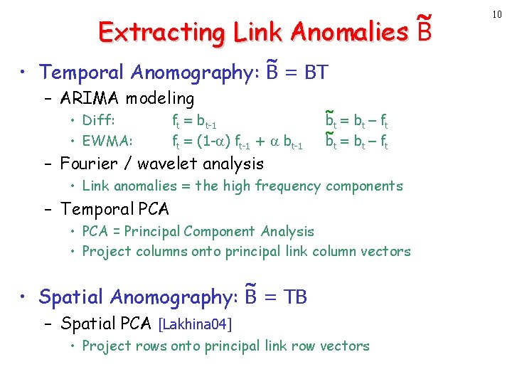  Extracting Link Anomalies B • Temporal Anomography: B = BT – ARIMA modeling