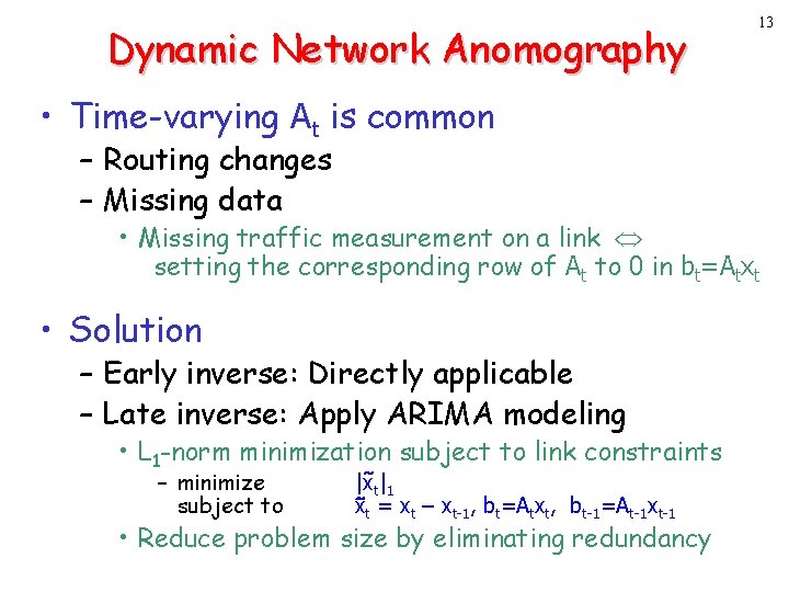 Dynamic Network Anomography 13 • Time-varying At is common – Routing changes – Missing