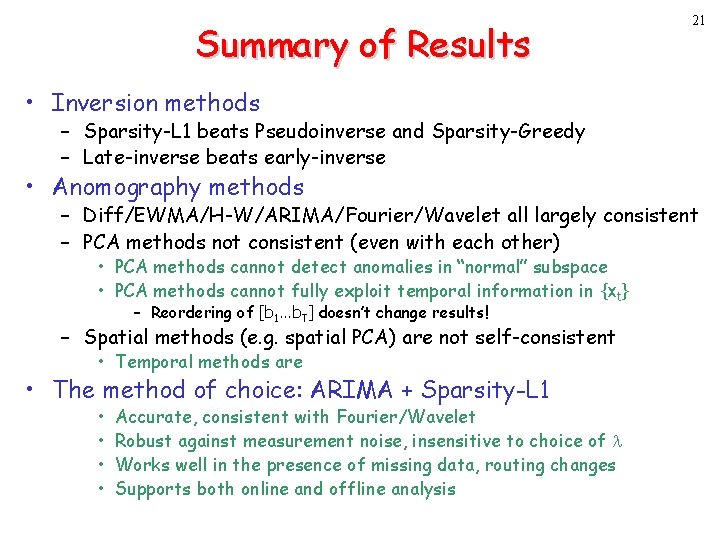 Summary of Results 21 • Inversion methods – Sparsity-L 1 beats Pseudoinverse and Sparsity-Greedy