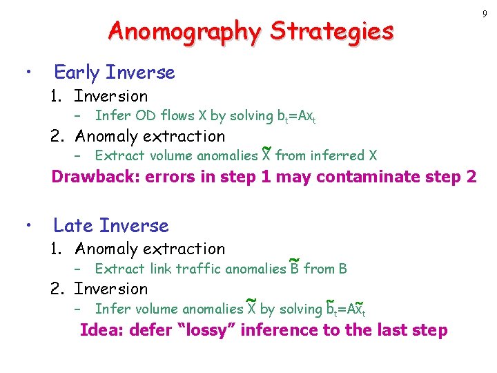 Anomography Strategies • Early Inverse 1. Inversion – Infer OD flows X by solving