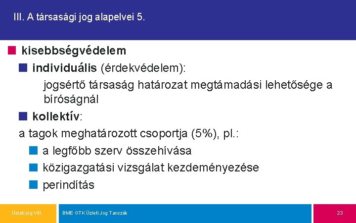 III. A társasági jog alapelvei 5. kisebbségvédelem individuális (érdekvédelem): jogsértő társaság határozat megtámadási lehetősége
