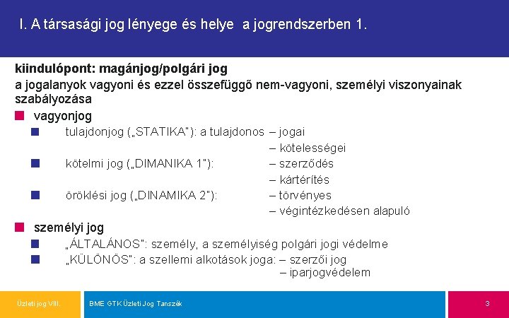 I. A társasági jog lényege és helye a jogrendszerben 1. kiindulópont: magánjog/polgári jog a
