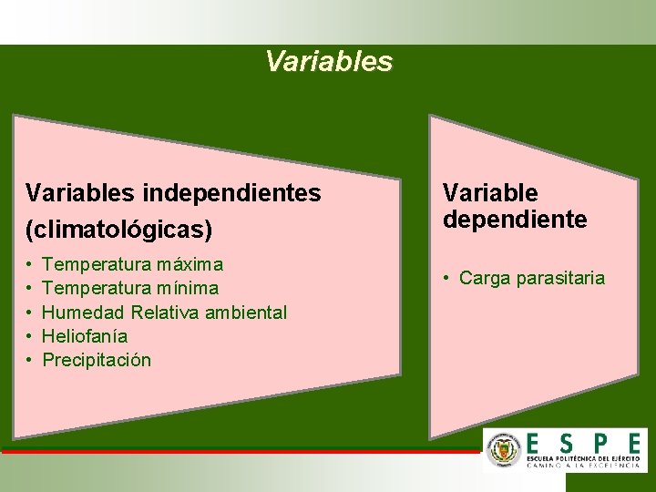 Variables independientes (climatológicas) • • • Temperatura máxima Temperatura mínima Humedad Relativa ambiental Heliofanía