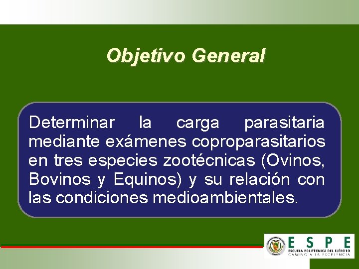 Objetivo General Determinar la carga parasitaria mediante exámenes coproparasitarios en tres especies zootécnicas (Ovinos,