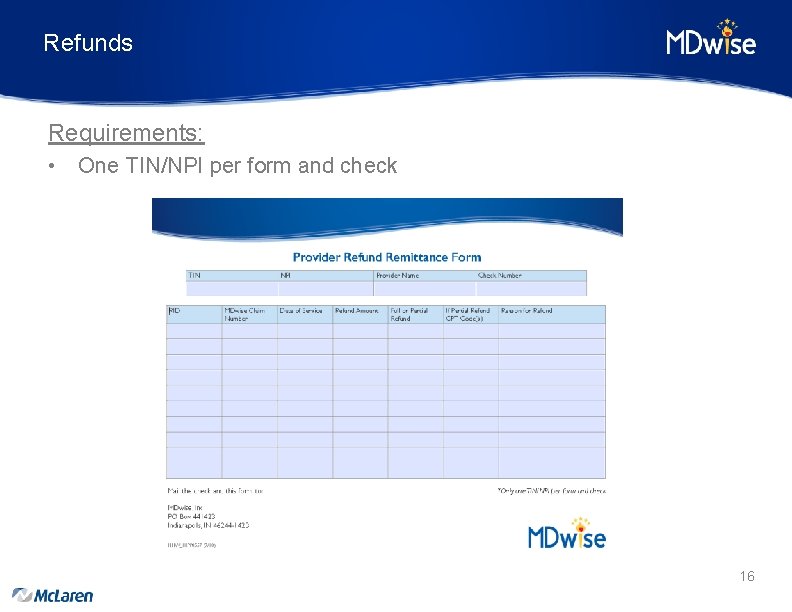 Refunds Requirements: • One TIN/NPI per form and check 16 