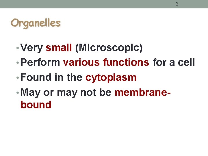 2 Organelles • Very small (Microscopic) • Perform various functions for a cell • 2 Organelles • Very small (Microscopic) • Perform various functions for a cell •