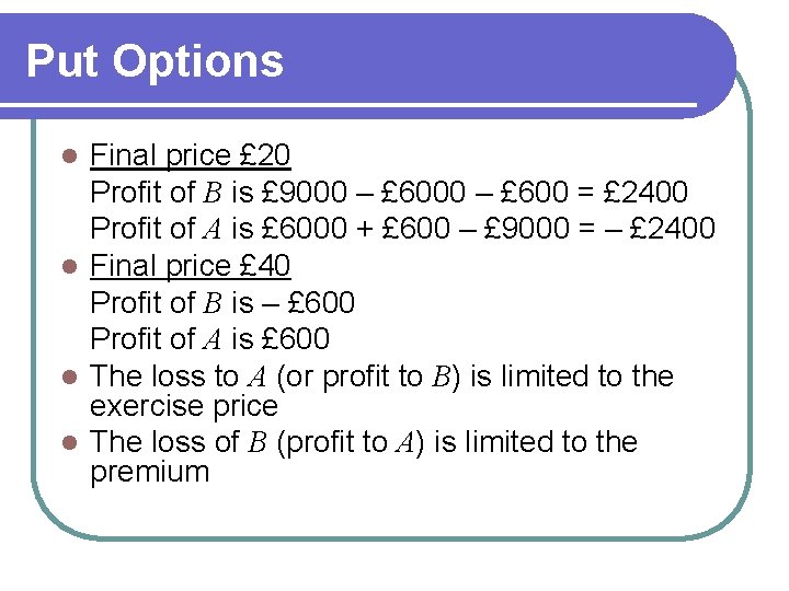 Put Options Final price £ 20 Profit of B is £ 9000 – £