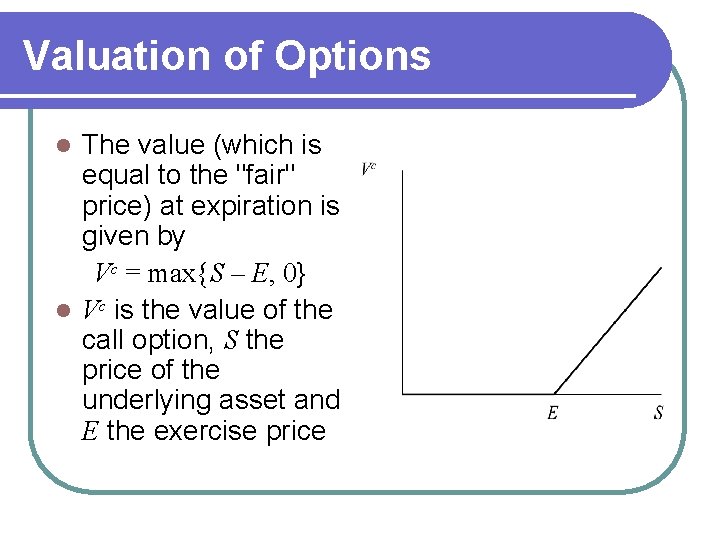 Valuation of Options The value (which is equal to the "fair" price) at expiration