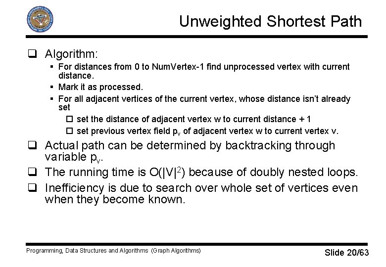 Unweighted Shortest Path q Algorithm: § For distances from 0 to Num. Vertex-1 find