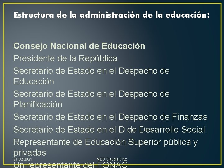 Estructura de la administración de la educación: Consejo Nacional de Educación Presidente de la